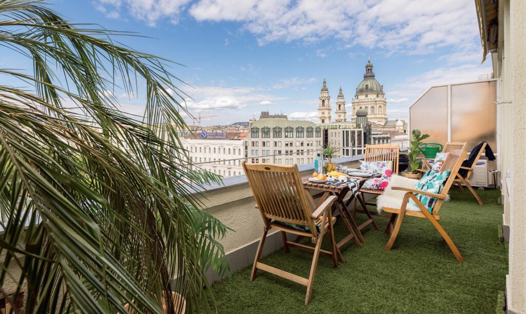 Luxury Penthouse Terrace in Budapest Center with view of St. Stephen's Basilica and Budapest Eye